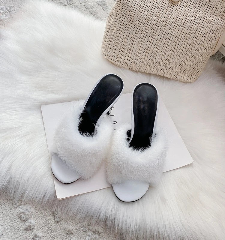 Fur Trim Open Toe Stiletto Party Sandals for Women