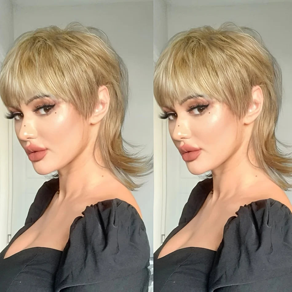 Short Black Shaggy Layered Mullet Wig For Women With Bangs