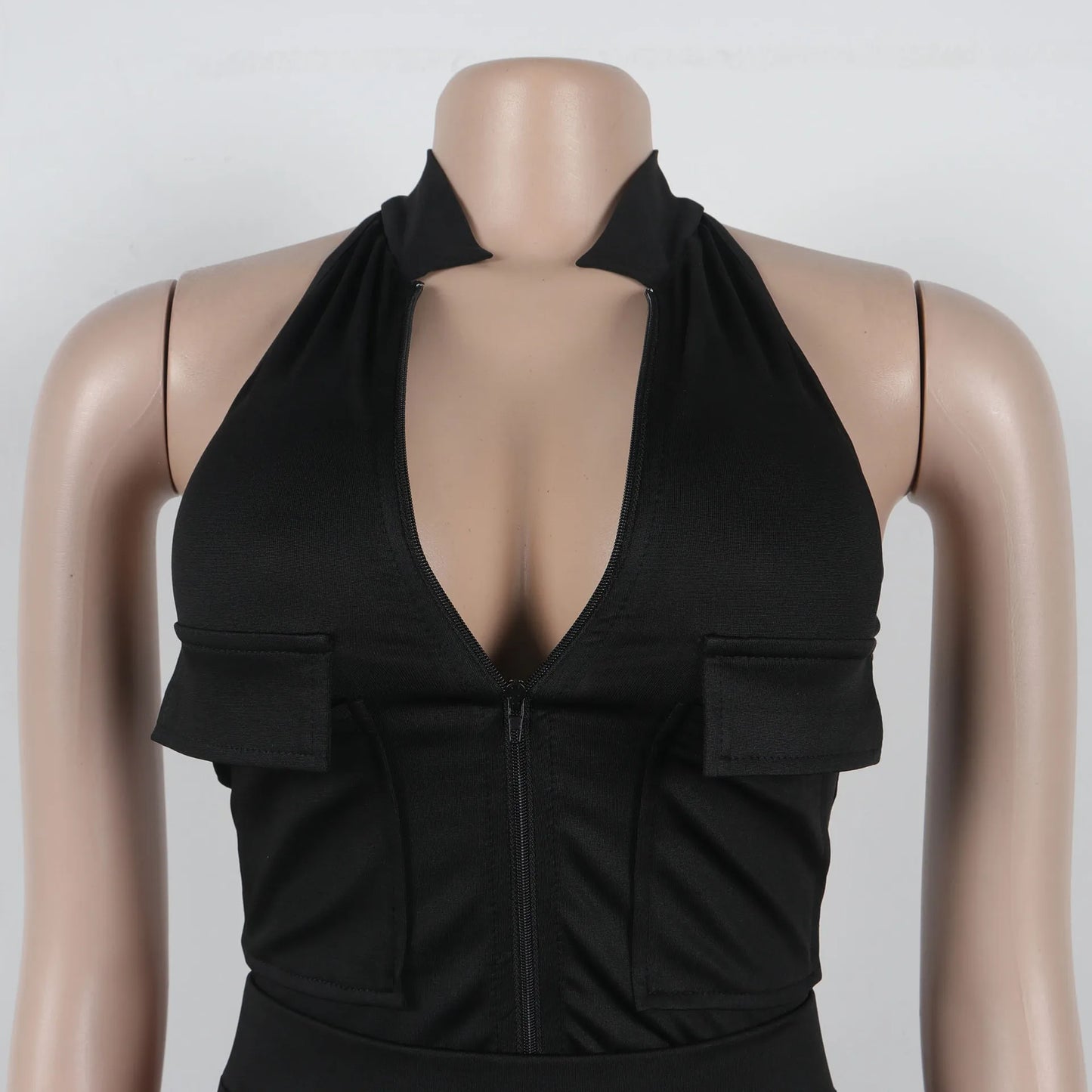 Solid Halter Neck Backless Sleeveless Zip Up Jumpsuit for Women