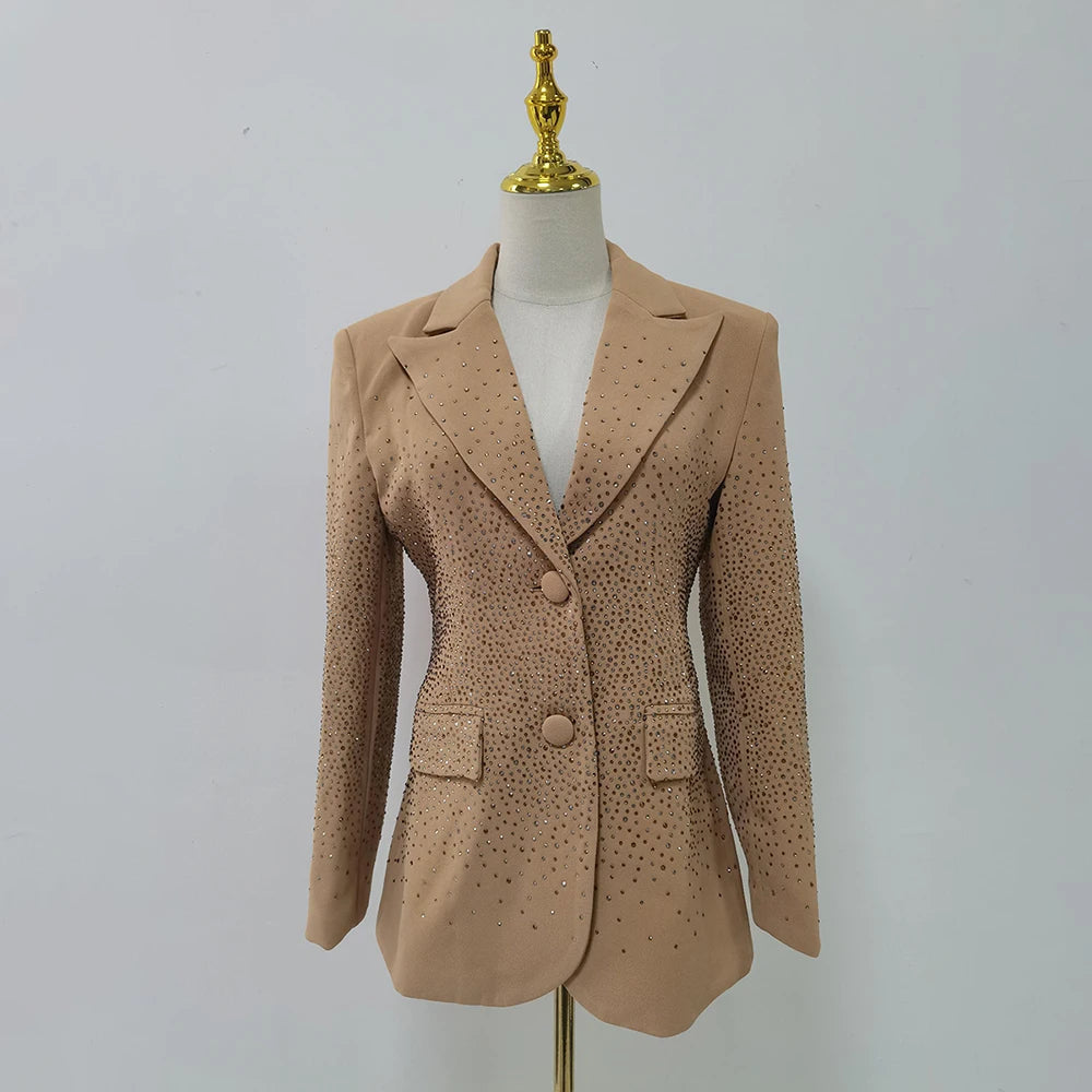 TWOTWINSTYLE Temperament Spliced Diamonds Jackets For Women Lapel Long Sleeve Designer Blazer Female Fashion Style New KJA534367