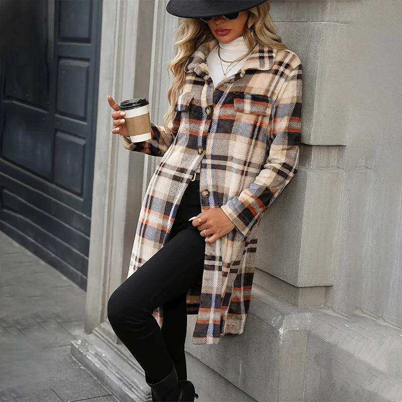 Flannel Plush Warm Plaid Jacket Women's Medium-length Winter New Style Korean Version Loose-fit Long Jacket Warm Long Sleeve