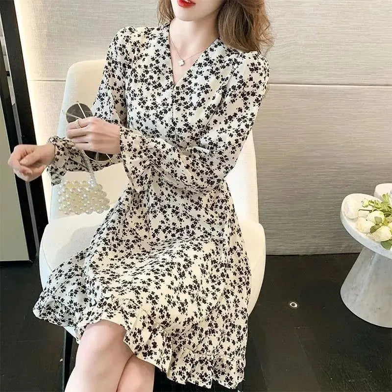 Floral Woman Long Sleeve Dress Chic And Elegant Pretty High Quality Flower Luxury Outfits Casual Youth Midi Dresses for Women