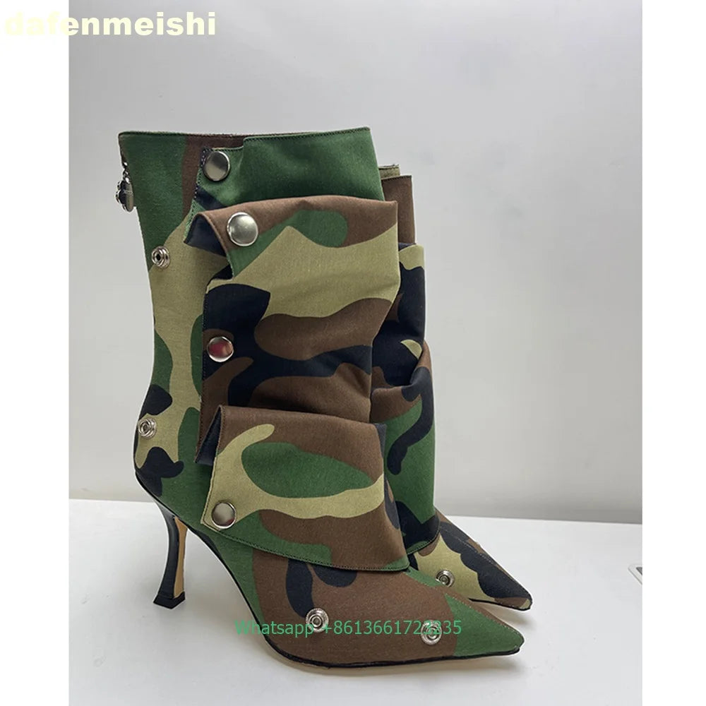 Pleated Stiletto Pointed Toe Leather Ankle Boots With Rivet Buckle For Women