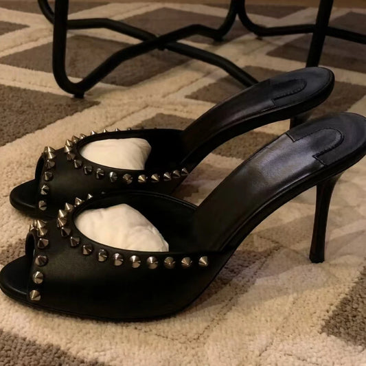 Black Studded Leather Slingback Sandals