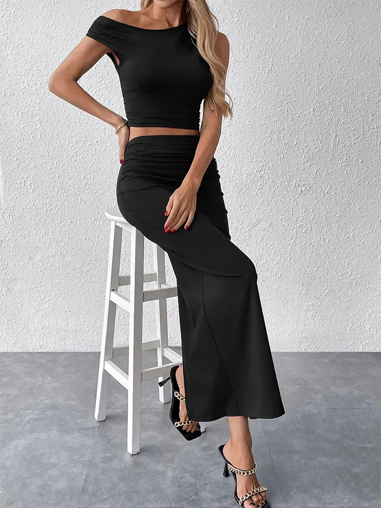 Women's Tank Maxi Skirt Spring New Two Piece Fashion Tank Black Sexy Split Skirt Lady Casual Slim Elegant High Quality Clothing
