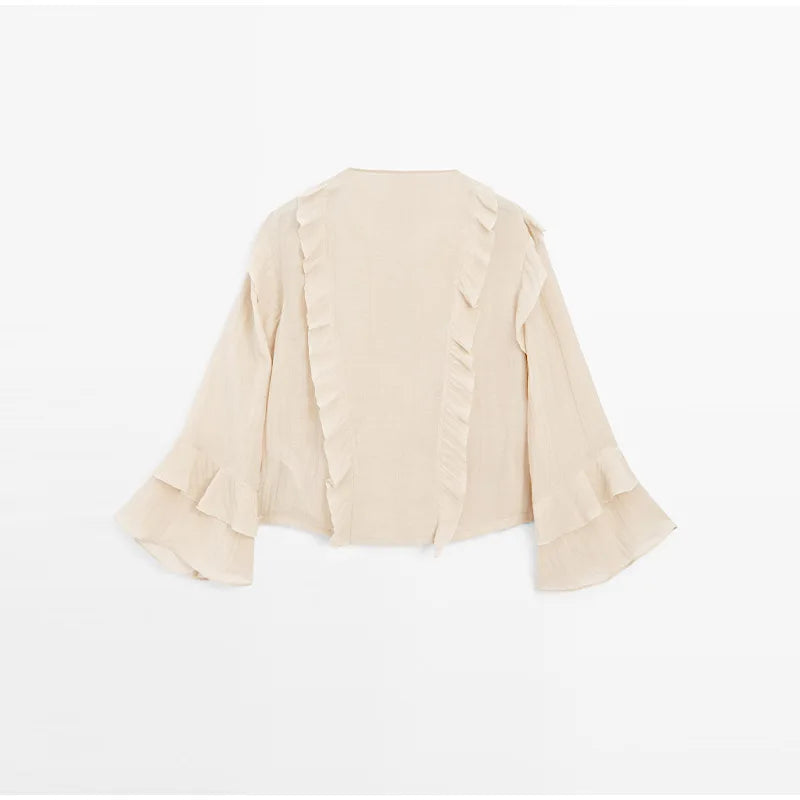 Women Shirt Loose Casual Ruffled Edges Female Blouses V Neck Lace Up Short  Woman Shirts Spring Summer Blouse Top 2025 New