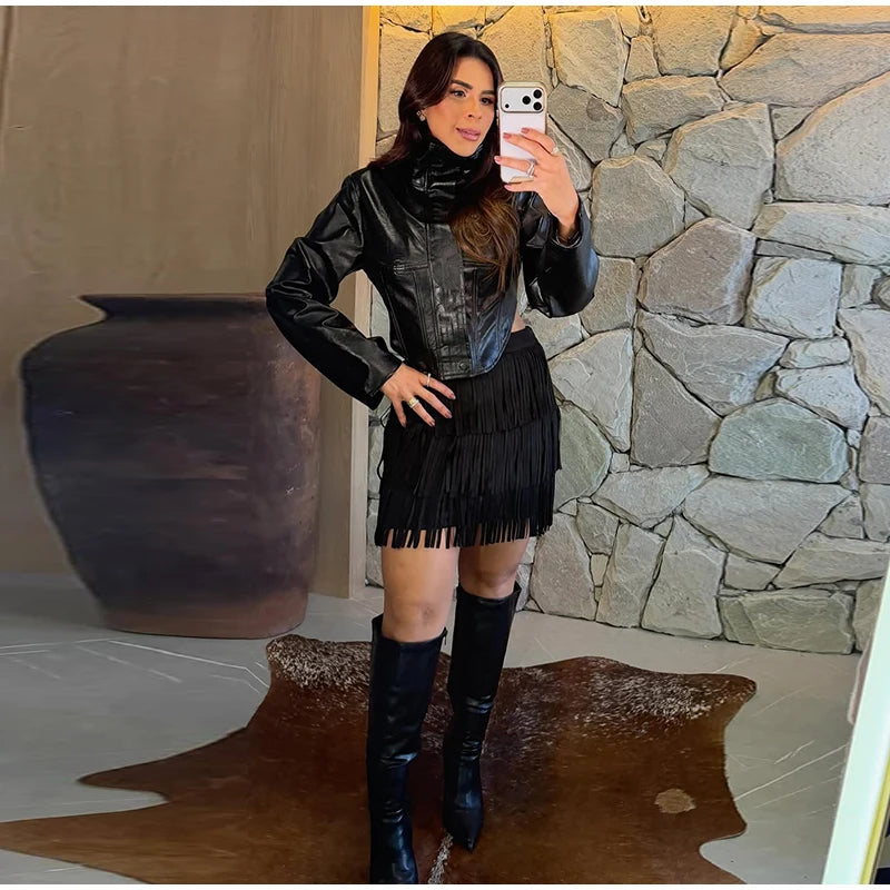 Tailored Crop Front Faux Leather Biker Jacket for Women