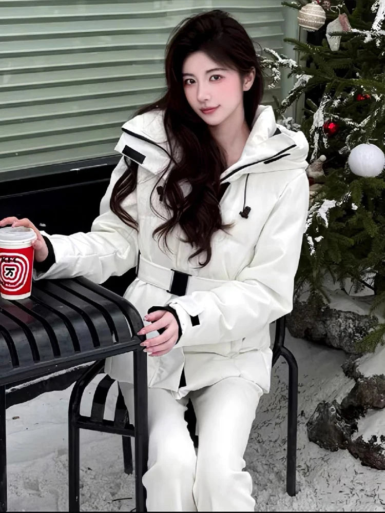 Warm Belted Hooded Winter Puffer Down Jacket for Women