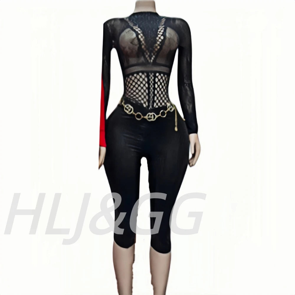Sexy Rhinestone Mesh Two-Piece Bodysuit Set for Women
