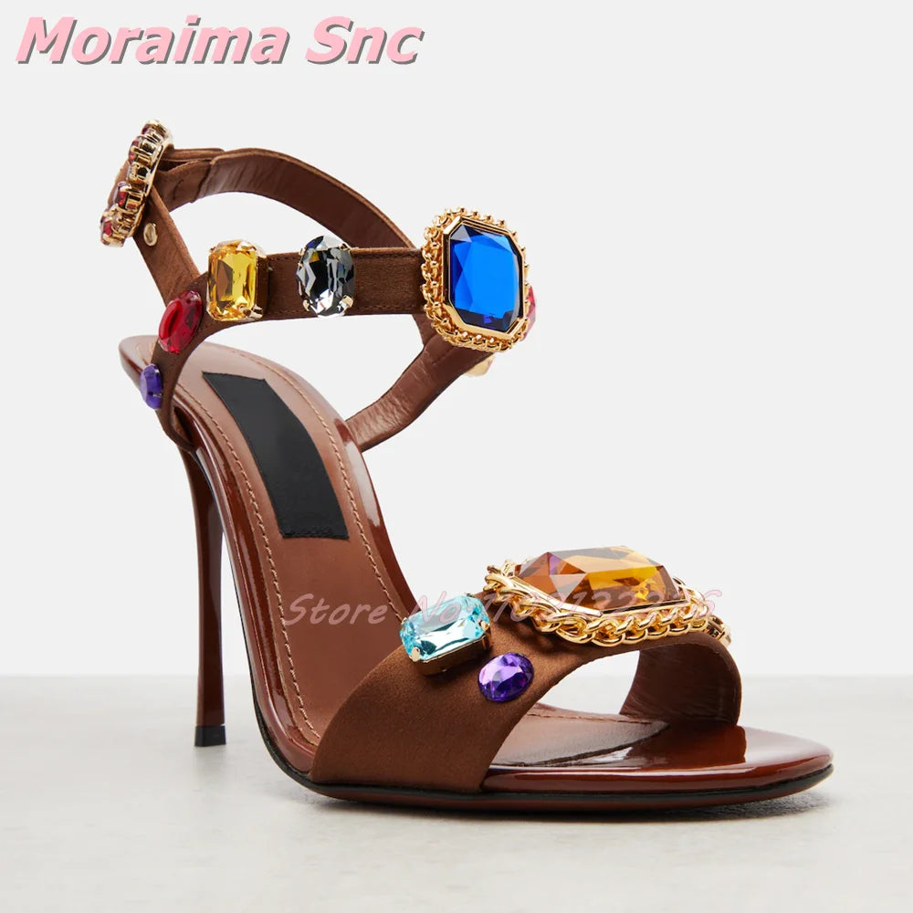 Elegant Satin Crystal Buckle Strap Square Heel Sandals for Women