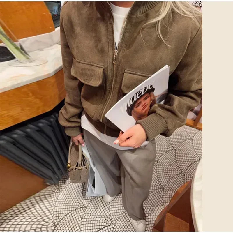 Vintage Suede Long Sleeve Jacket with Pockets for Women