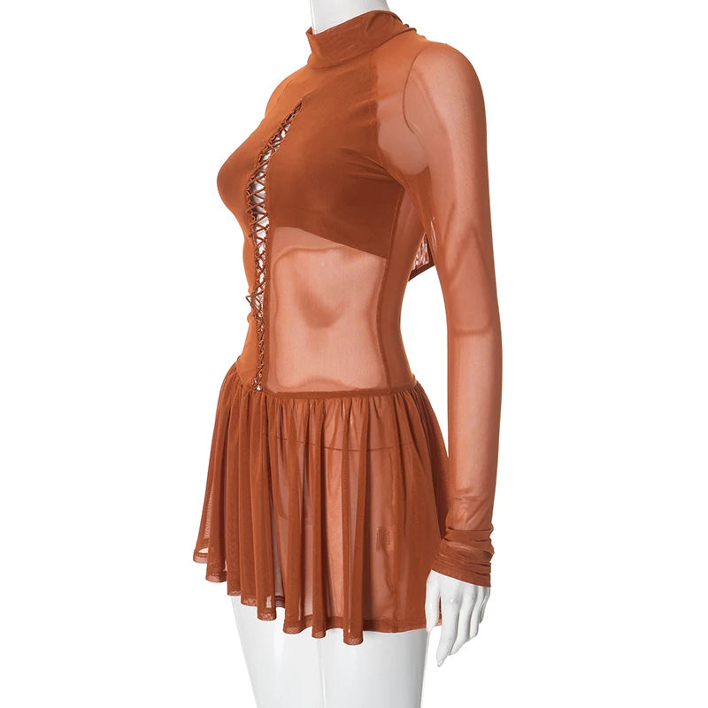 Mesh Patchwork Pleated Bodycon Mini Dress for Women