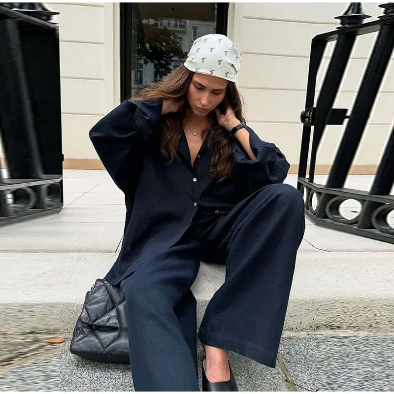 Casual Solid + Shirt and Wide Leg Pants Set + for Women