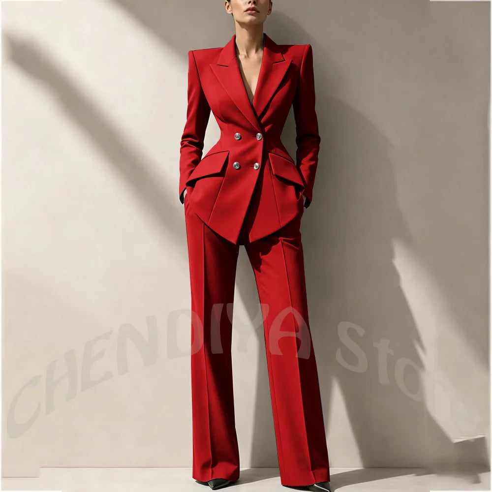 New Arrival Women's Two Piece Suit Peak Lapel Slim Fitted Classic Double Breasted Wedding Guest Evening Gala Party Female Set