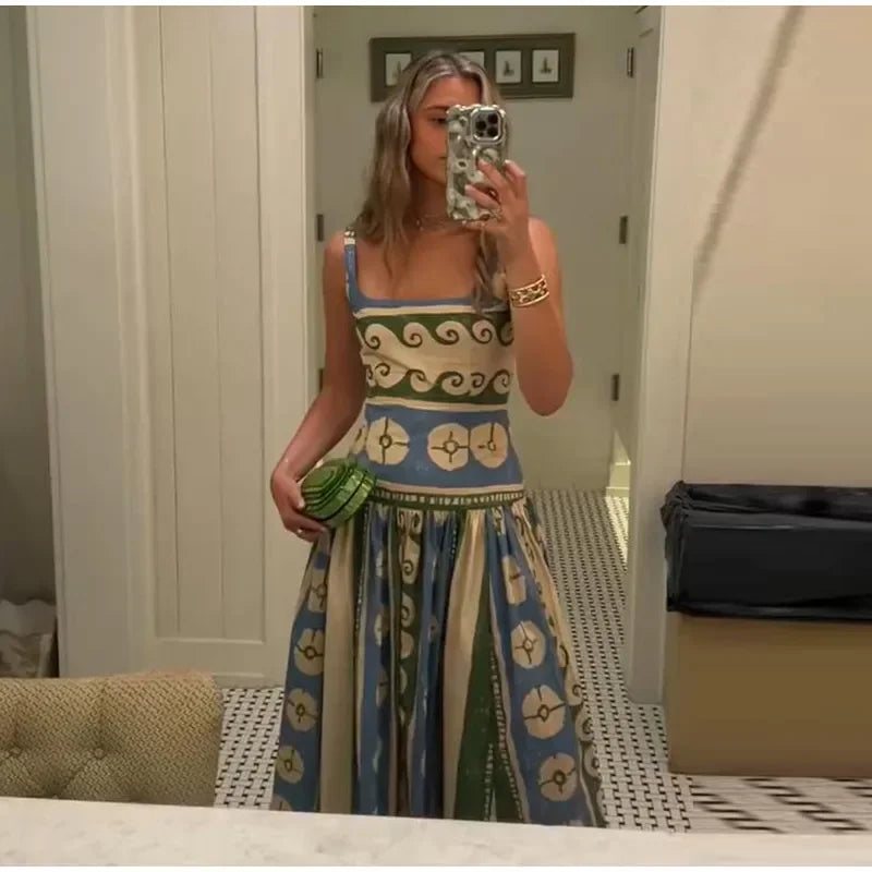 Printed Sleeveless Backless V Neck Midi Dress for Women