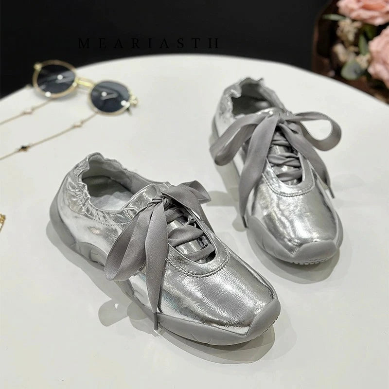 Round Toe Soft Sole Lace Up Casual Ballet Flats For Women