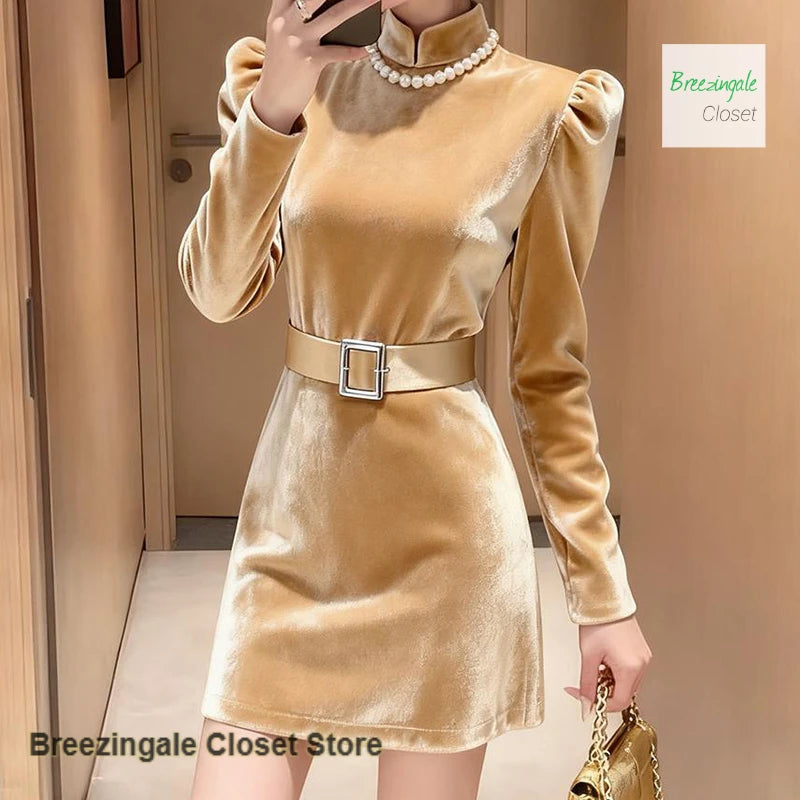 Yellow Velvet Mini Dress With Long Sleeves For Women