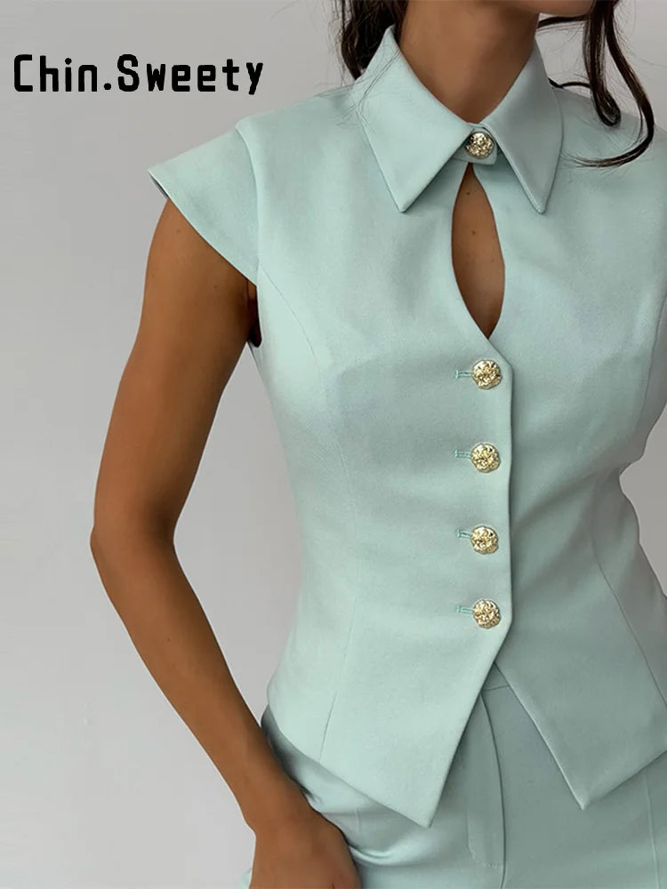 Waist Cinched Tailored Suit Set With Wide Leg Pants For Women