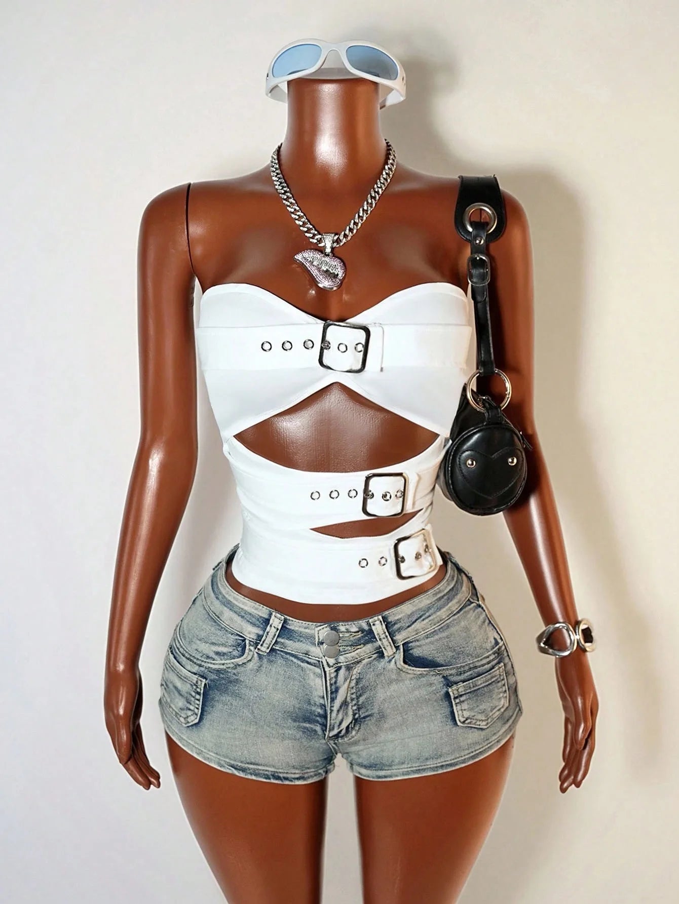White Strapless Cutout Buckle Streetwear Crop Top for Women