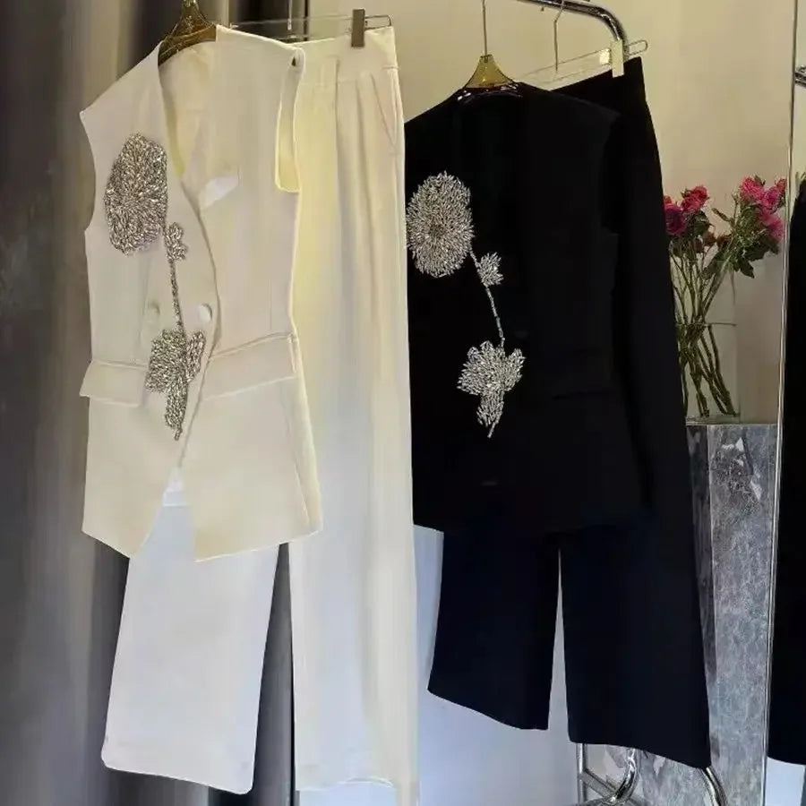 Beaded Luxury Double Breasted Vest Jacket Two Piece Set for Women