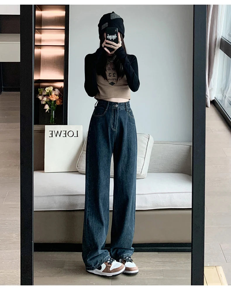 High Waist Casual Wide Leg Straight Jeans for Women