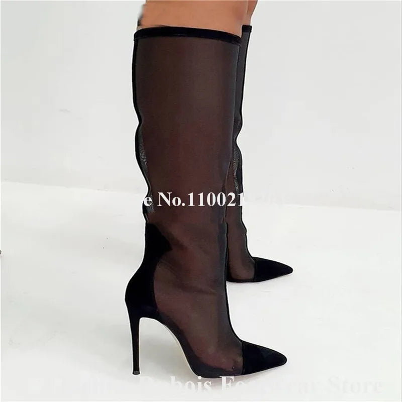Black Mesh Patchwork Knee High Stiletto Boots for Women