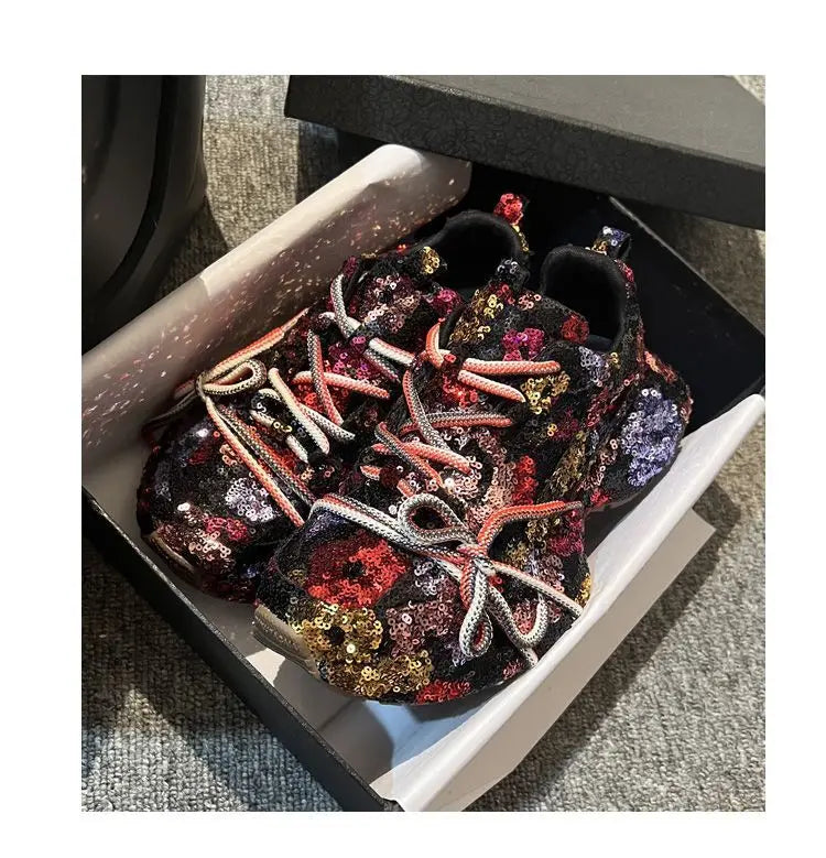 Sparkling Crystal Platform Lace Up Sneakers for Women