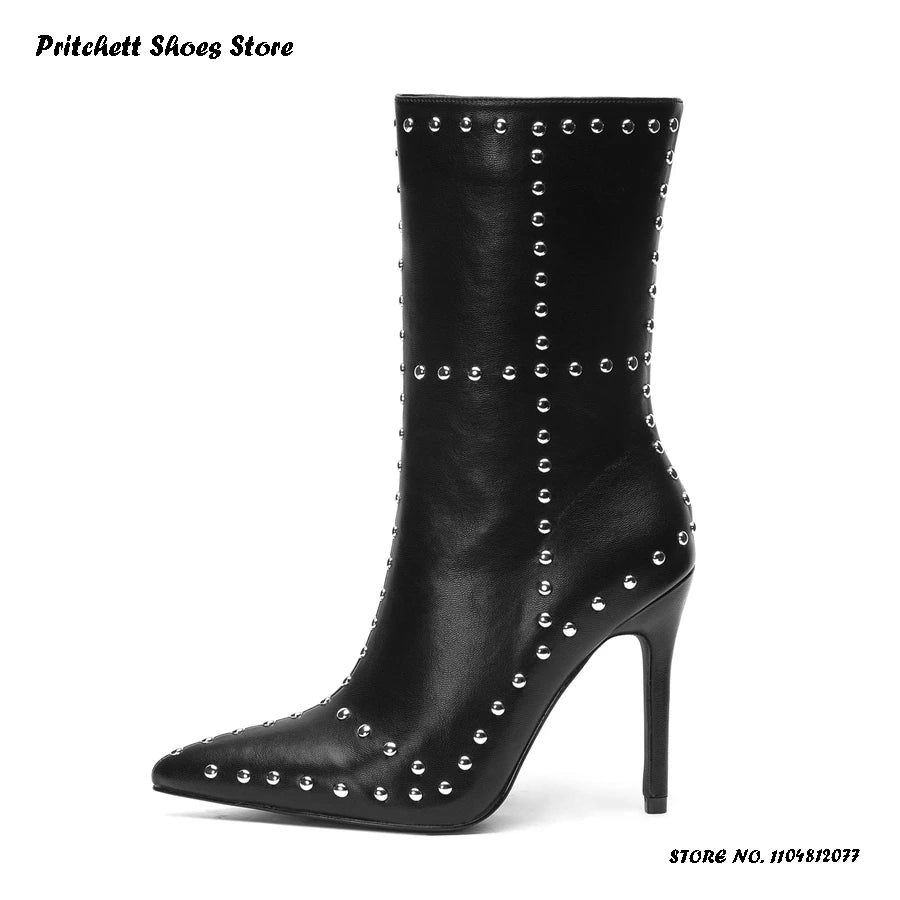 Studded Leather Pointed Toe Ankle Booties For Women