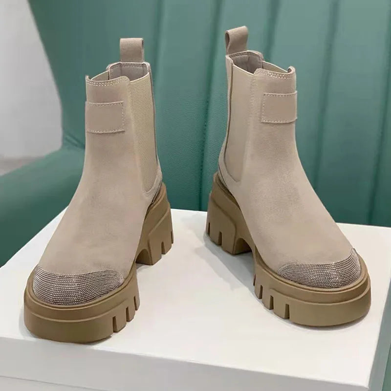 Thick Sole Suede Chelsea Boots With Round Toe For Women