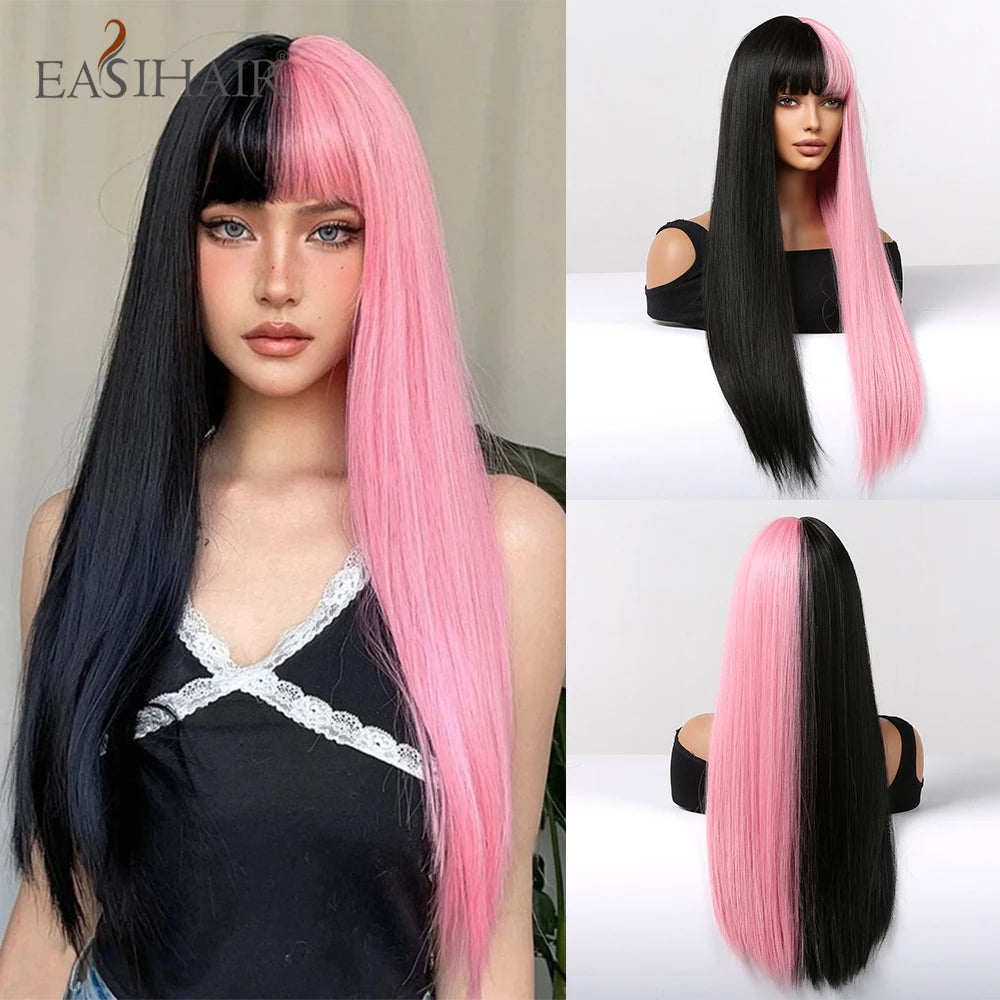 Long Straight Black Synthetic Wig With Bangs for Women