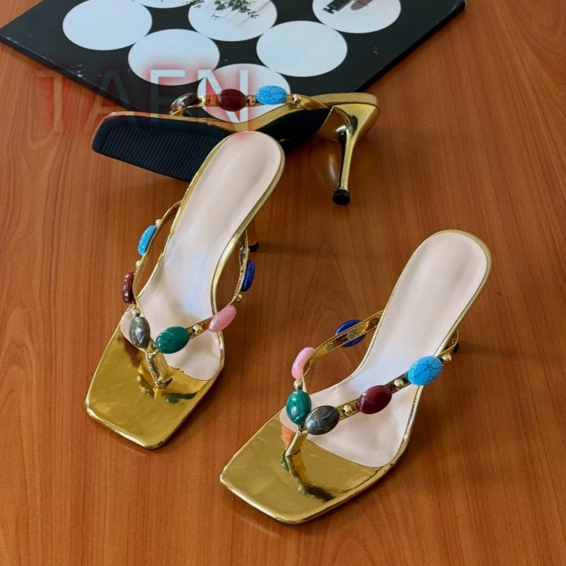 Gold Patent Beaded Square Toe Thong Mules for Women