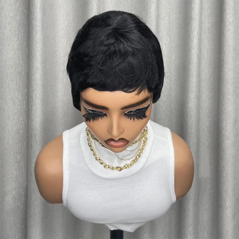 Short Black Pixie Cut Human Hair Wig With Bangs for Women
