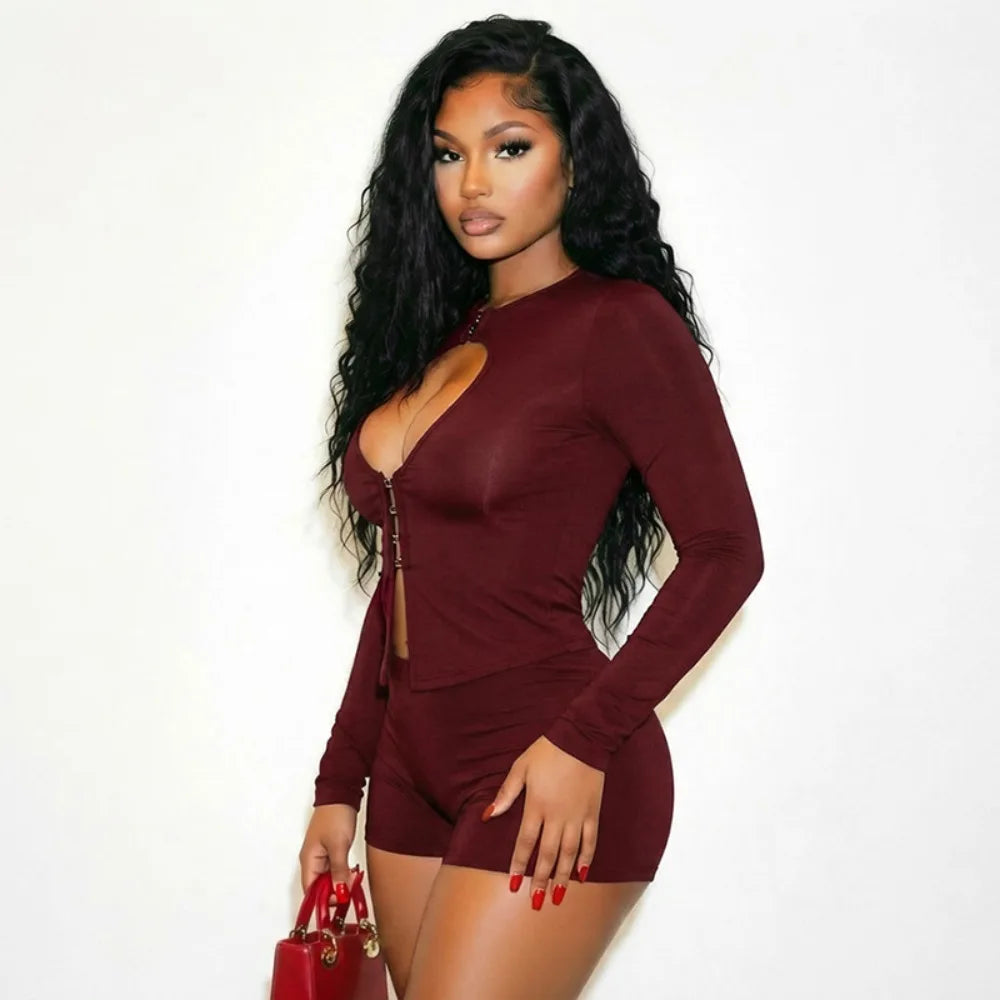 Hollow Out Long Sleeve Crop Top And Shorts Set for Women