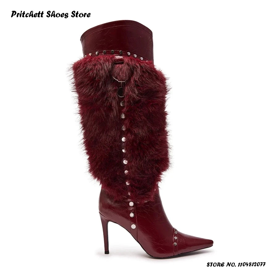 Studded Faux Fur Knee High Open Toe Stiletto Boots for Women