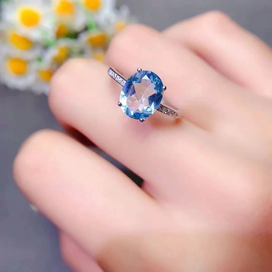 Handmade Silver Topaz Ring 10mm * 12mm 5ct Light Blue Topaz Ring 18K Gold Plated Crystal Jewelry