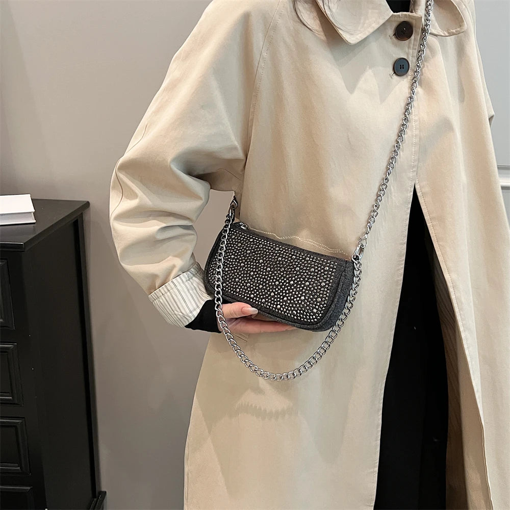 Rhinestone Appliqued Chain Shoulder Crossbody Bags for Women