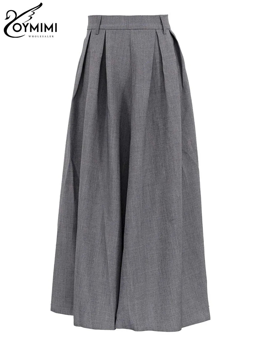 Oymimi Elegant Grey Loose Skirts For Women Casual High Waist Pleated Skirts Fashion New Solid Ankle-Length Skirts Streetwear