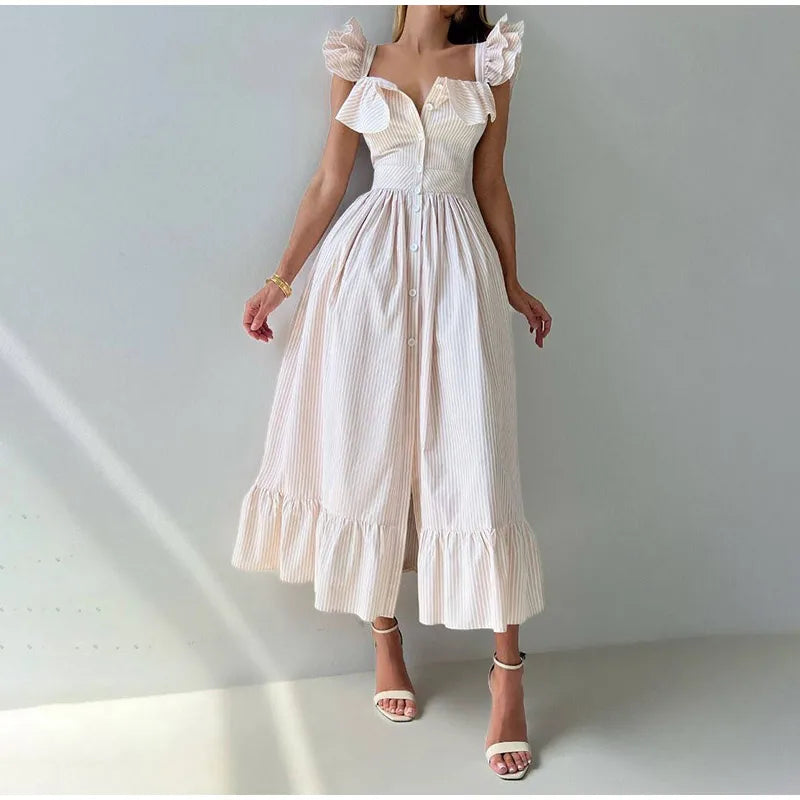 Solid Striped Fly Sleeve Women 's Dress Solid V-neck Single Breasted Draped Front Split Dressess Female Summer Lady Party Robes