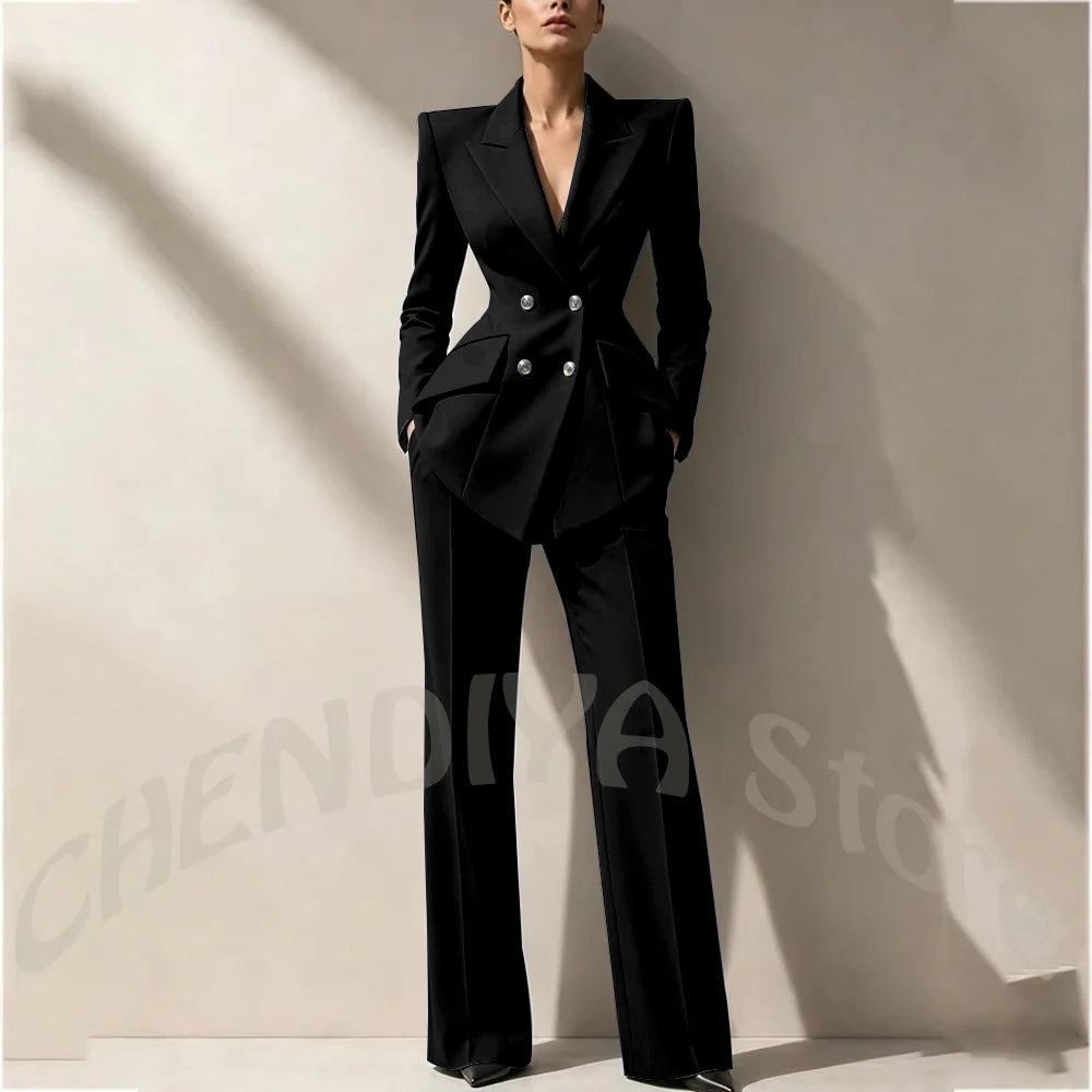New Arrival Women's Two Piece Suit Peak Lapel Slim Fitted Classic Double Breasted Wedding Guest Evening Gala Party Female Set
