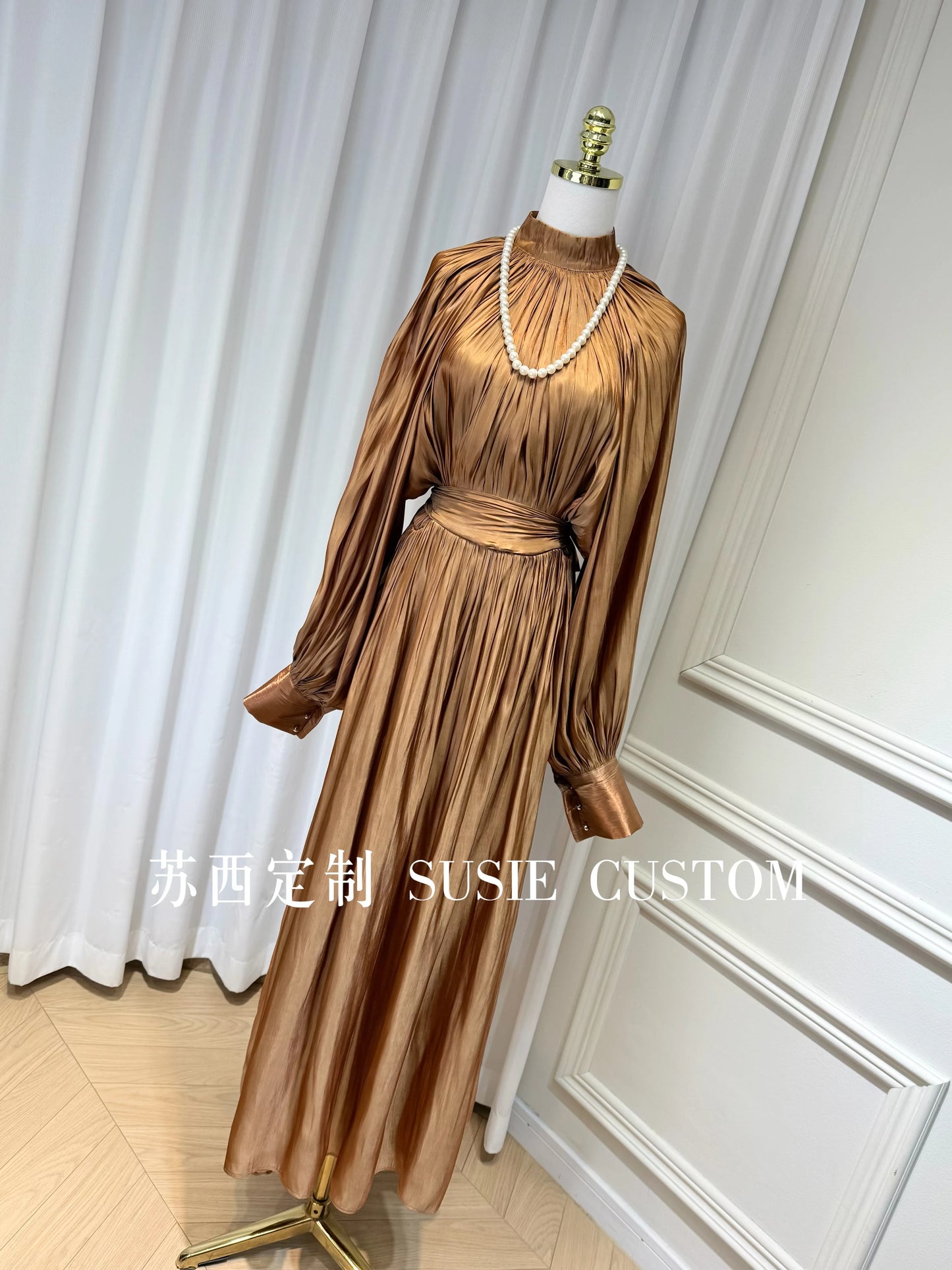 French Retro Palace Stand Collar Pleated Waist Tie Lantern Sleeves Large Swing Long Dress High Waist Elegant Vacation Dress