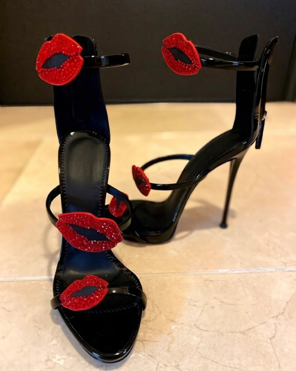 Open Toe Patent Leather Stiletto Sandals With Lip Embellishments for Women