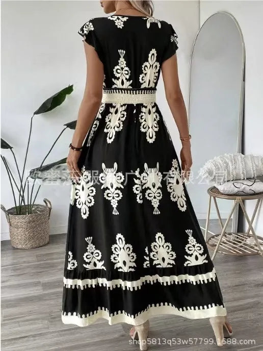 Beach Print Midi with V-Neck and High Waist Dress for Women