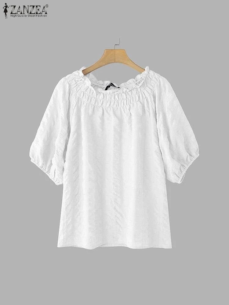 ZANZEA Women Blouse Summer Tops Solid Color Puff Sleeve2025 O Neck Tunic Female Shirts Loose Casual OL Work Blusas Oversized
