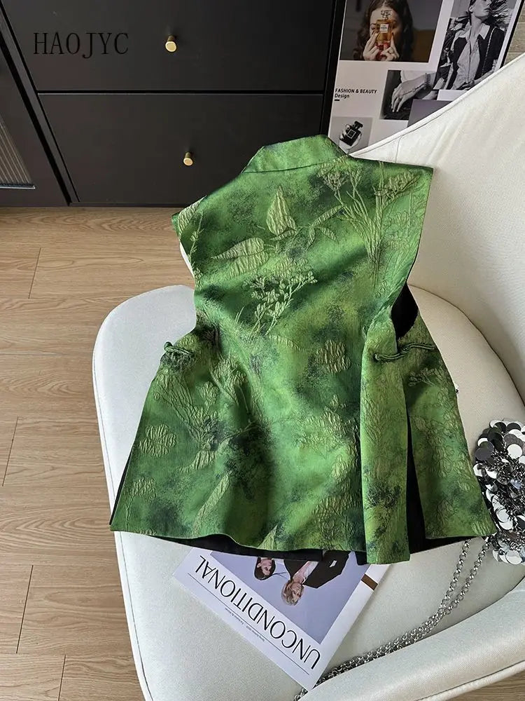 Green Chinese Style Embroidered Vest With Buckle for Women