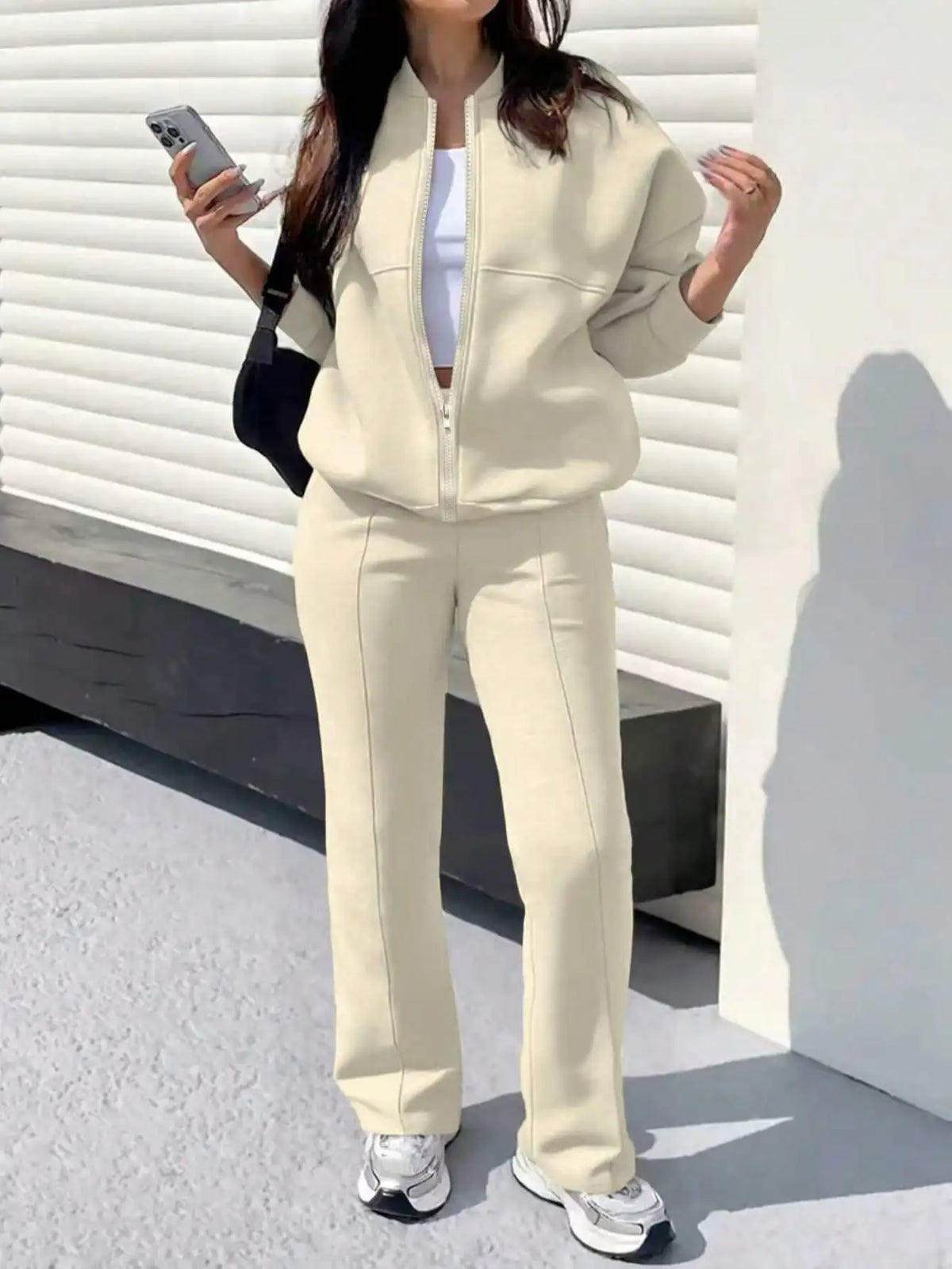 2026 Fall/Winter Fashion New Solid Color Simple Sweatshirt Jacket with Pockets and Straight-Leg Pants Set, Casual and Versatile Two-Piece Outfit