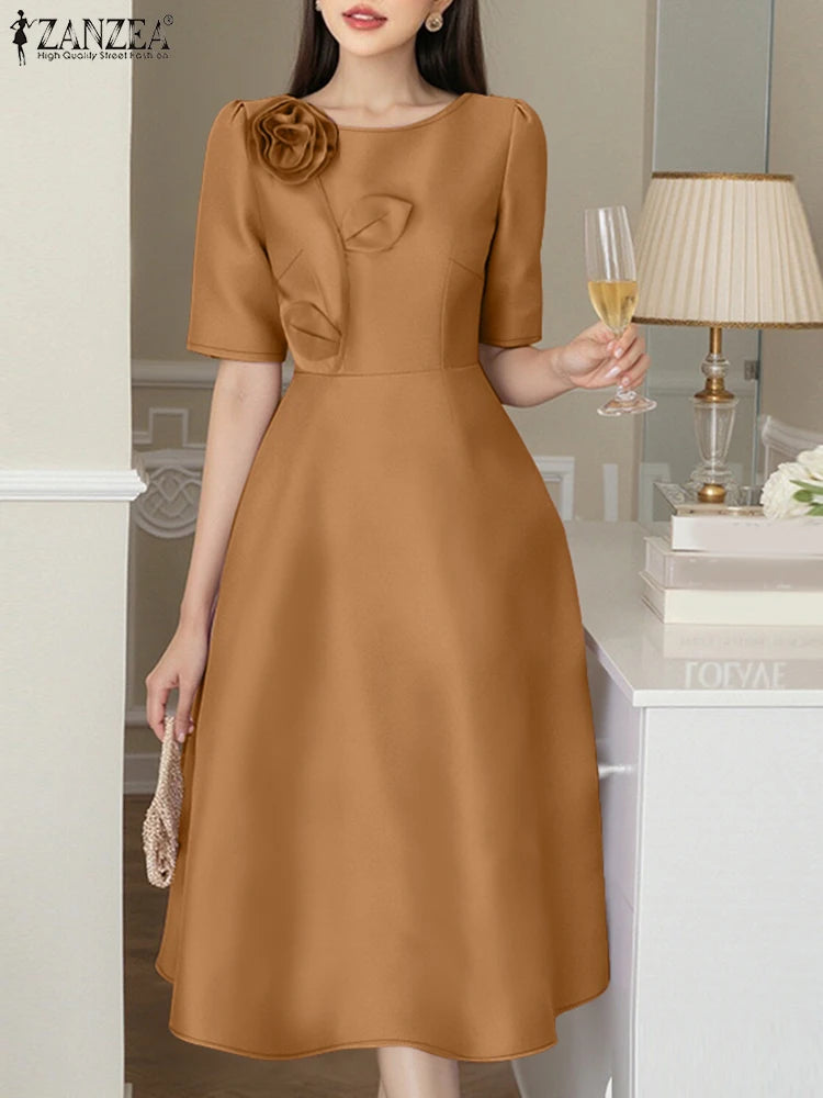 Satin Floral Applique Midi Dress
