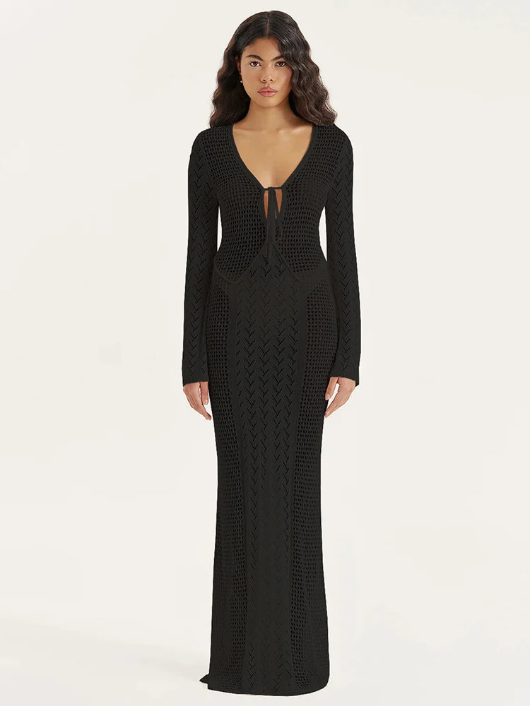 Women Sexy White Knit Swimsuit Cover Up Deep V-neck Tie Hollow Out Long Sleeve Beach Maxi Dress 2025 Summer Holiday Outfit K186