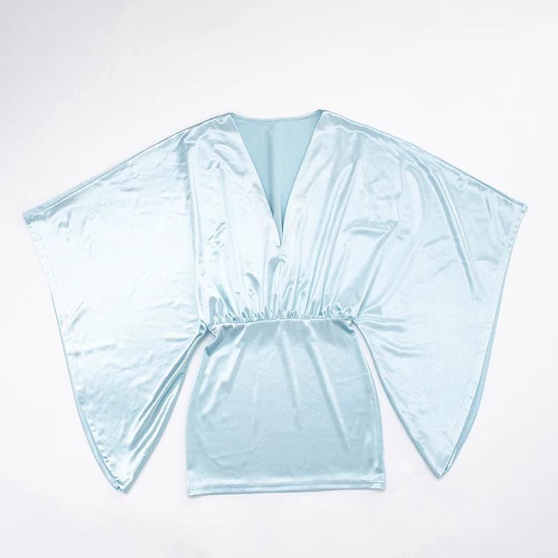 Chic Satin V Neck Bat Sleeve Elegant Mini Dress for Women