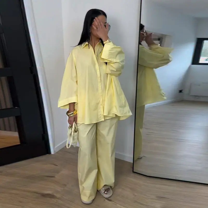 Casual Solid Shirt and Wide Leg Pants Set for Women