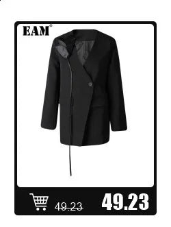 [EAM] Women Blue Pleated Hem Long Big Size Blouse New Stand Collar Long Sleeve Shirt Fashion Tide Spring Autumn 2025 1DH5707